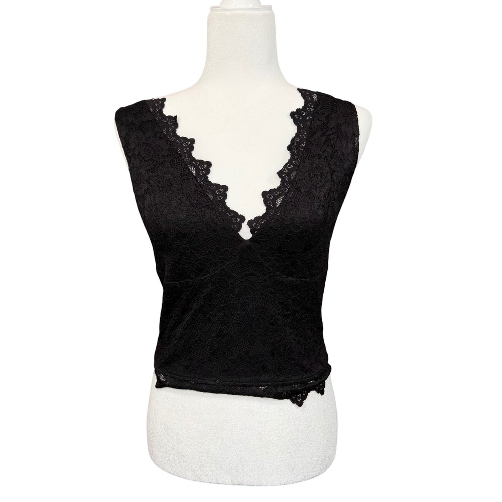 REORIA Lace Crop Top Women Large Black V-Neck Sleeveless Scallop Hem